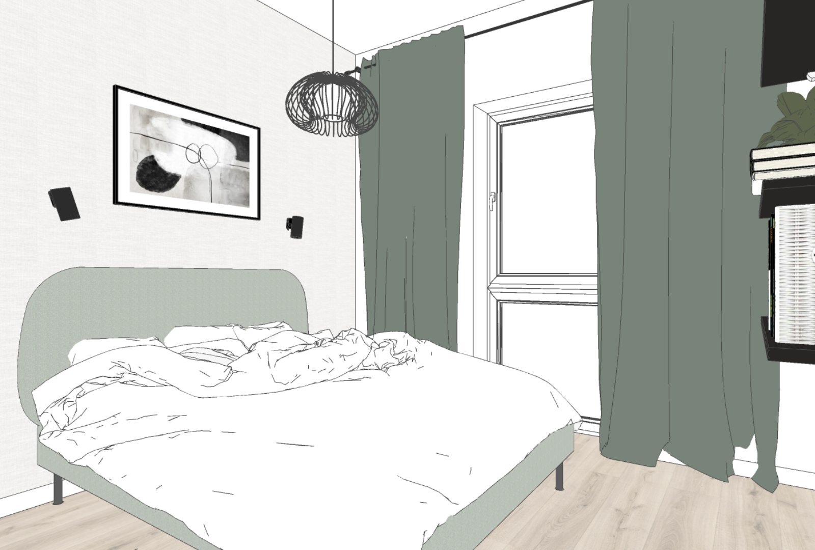 Widok z modelu - sypialnia z zielonym łóżkiem i zasłonami
