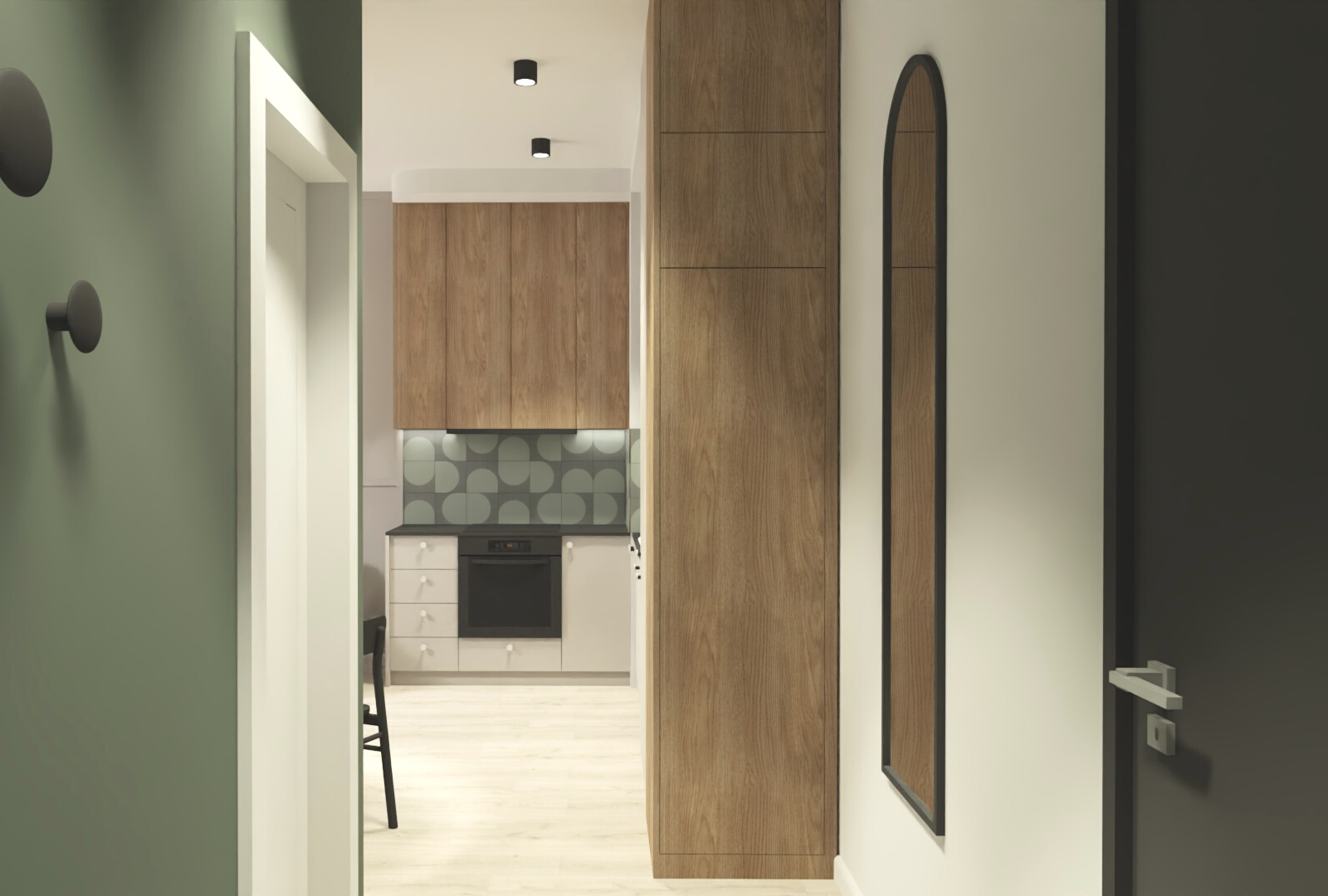 Wizualizacja - ujęcie z korytarza w kierunku kuchni, zielona ściana